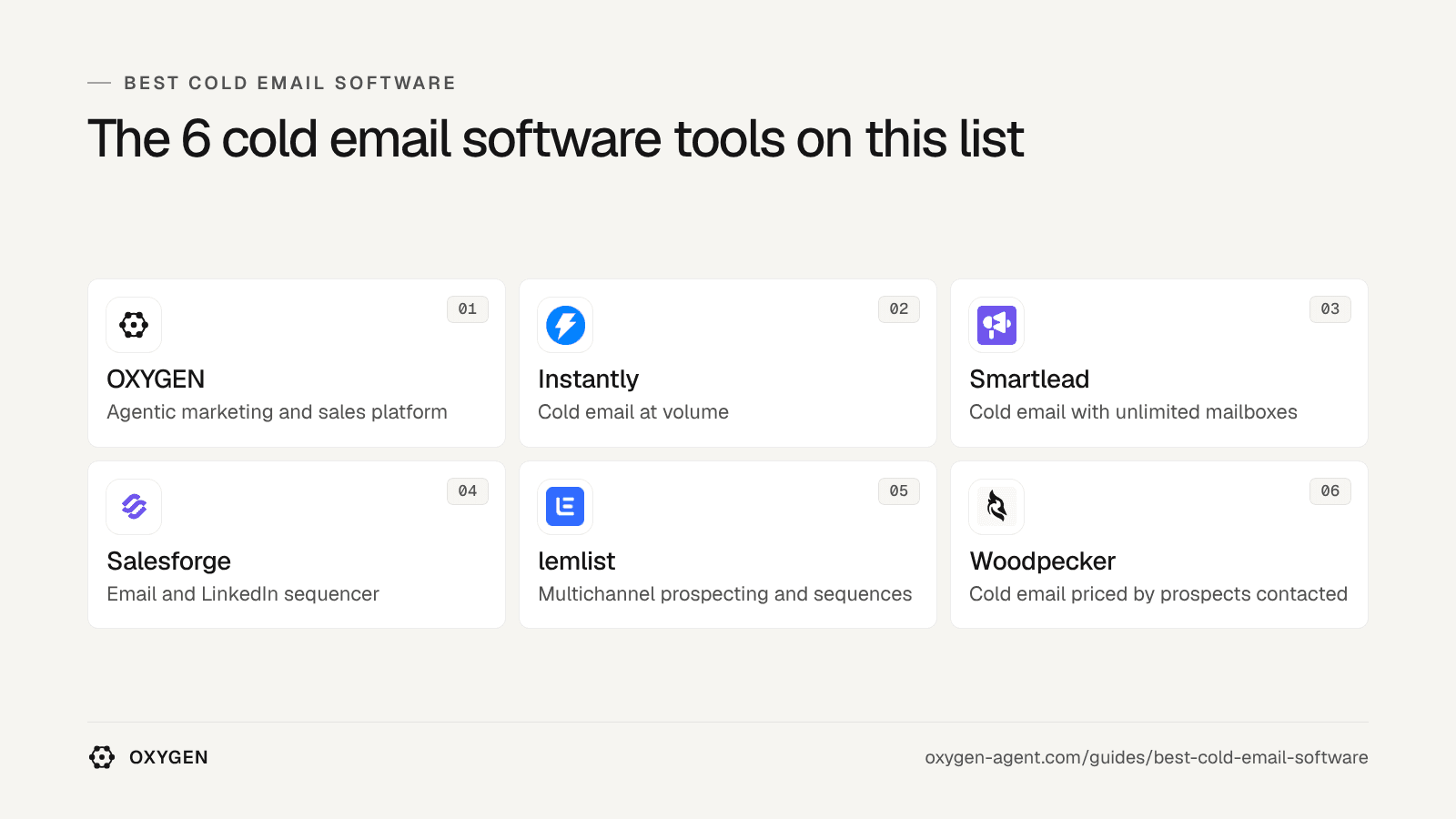 The 6 cold email software on this list: OXYGEN, Instantly, Smartlead, Salesforge, lemlist, Woodpecker.