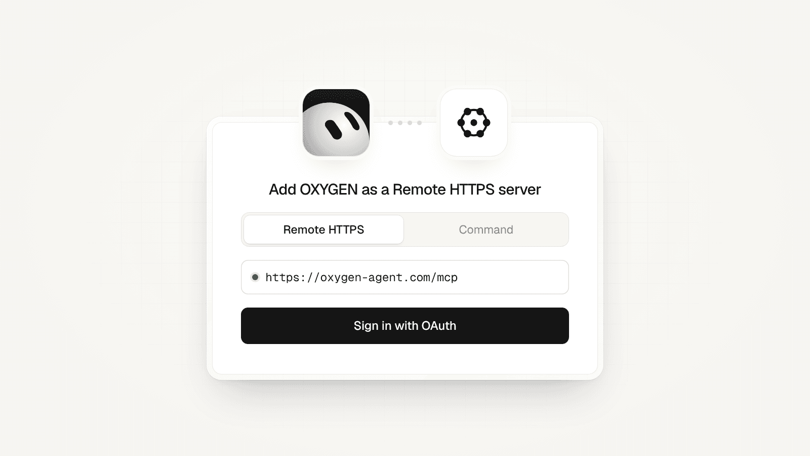 A connect card with the Grok Bot mark linked to the OXYGEN mark: Remote HTTPS, https://joinoxygenagents.com/mcp, and Sign in with OAuth.